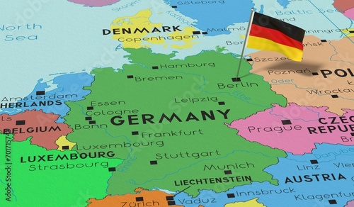 Germany, Berlin - national flag pinned on political map - 3D illustration