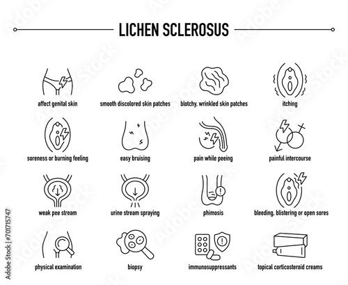 Lichen Sclerosus symptoms, diagnostic and treatment vector icons. Line editable medical icons.