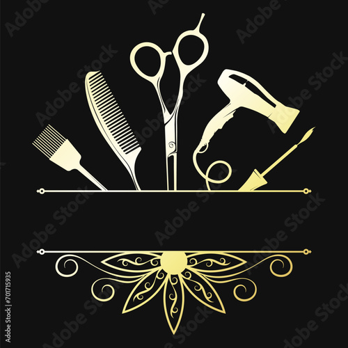 Golden comb scissors hair dryer and curl of hair, beauty salon banner sign