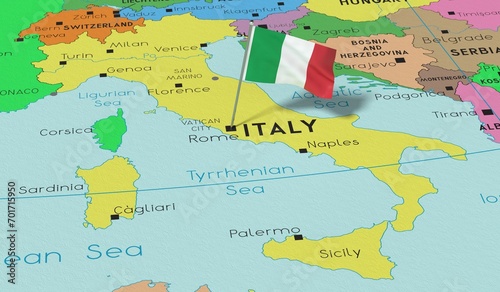 Italy  Rome - national flag pinned on political map - 3D illustration