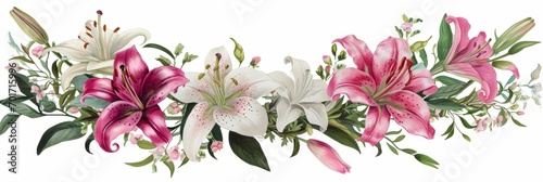 A beautiful floral wreath is decorated with delicate pink flowers and delicate white flowers
