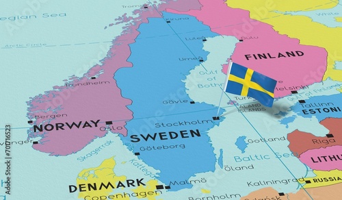 Sweden, Stockholm - national flag pinned on political map - 3D illustration