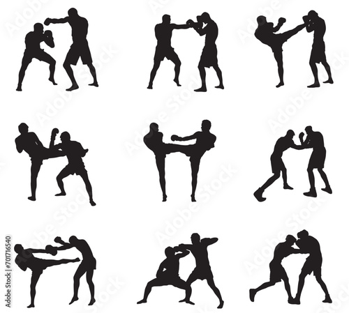  Silhouette of mix martial arts, Kungfu, boxing, karate, kick boxing, jujitsu, taekwondo, sumo, mauy thai. Vector illustration.