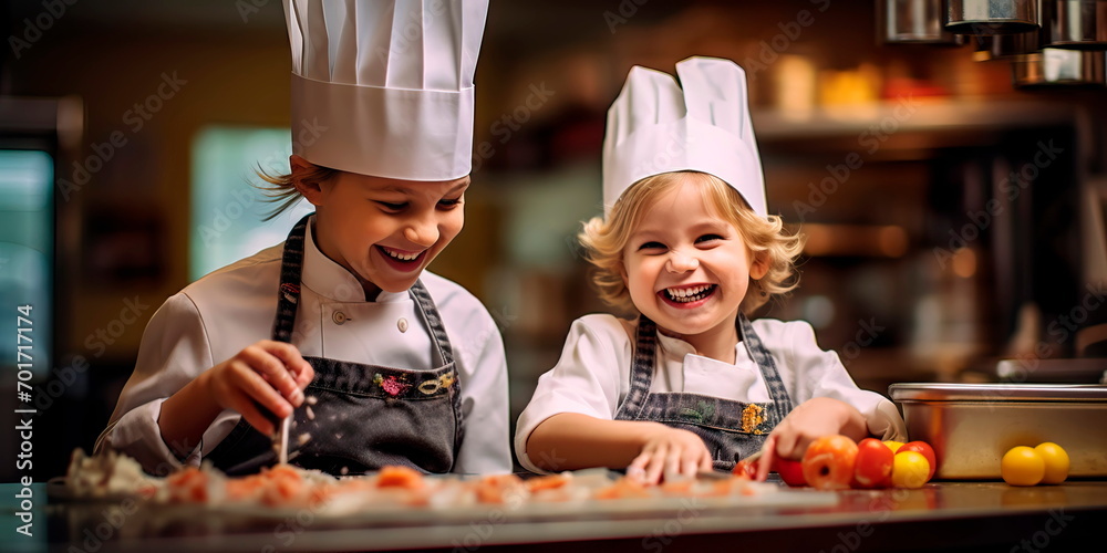 Children in professional kitchens, dressed as chefs, learning culinary arts. Generative AI Children in professional kitchens, dressed as chefs, learning culinary arts. Generative AI