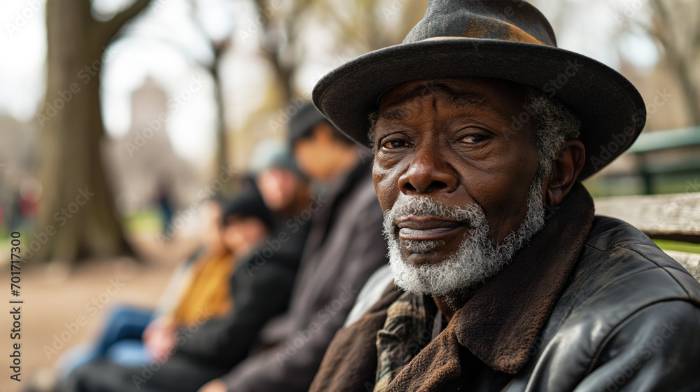 Fototapeta premium lonely homeless grandfather sitting on a bench in the spring Central Park of NY