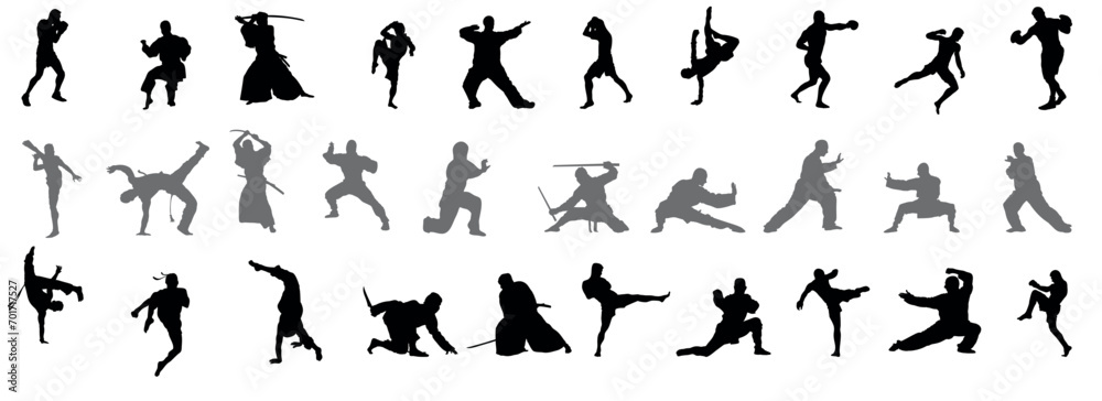 Silhouette set of mixed martial art mma fighter. Muay thai, wrestling, jujitsu, kick boxing, taekwondo and boxing. Vector illustration