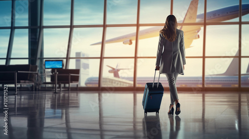 Businesswoman Navigating Airport Terminal with Wheeled Luggage  photo