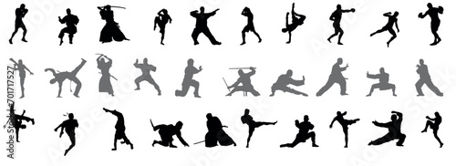 Silhouette set of mixed martial art mma fighter. Muay thai, wrestling, jujitsu, kick boxing, taekwondo and boxing. Vector illustration photo