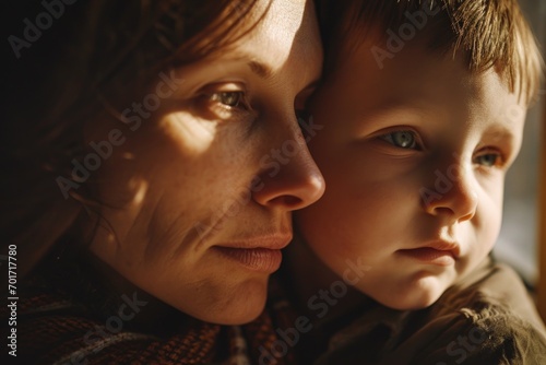 A woman and a child are seen looking out a window. This image can be used to depict curiosity, family bonding, or the concept of waiting