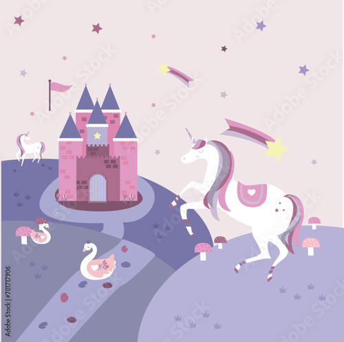 unicorn and castle use for nursery room wallpaper