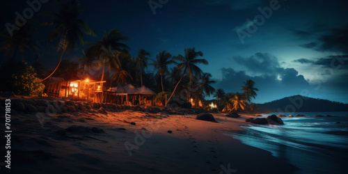 Tropical beach at night with palms and bungalows. Seascape. Generative AI