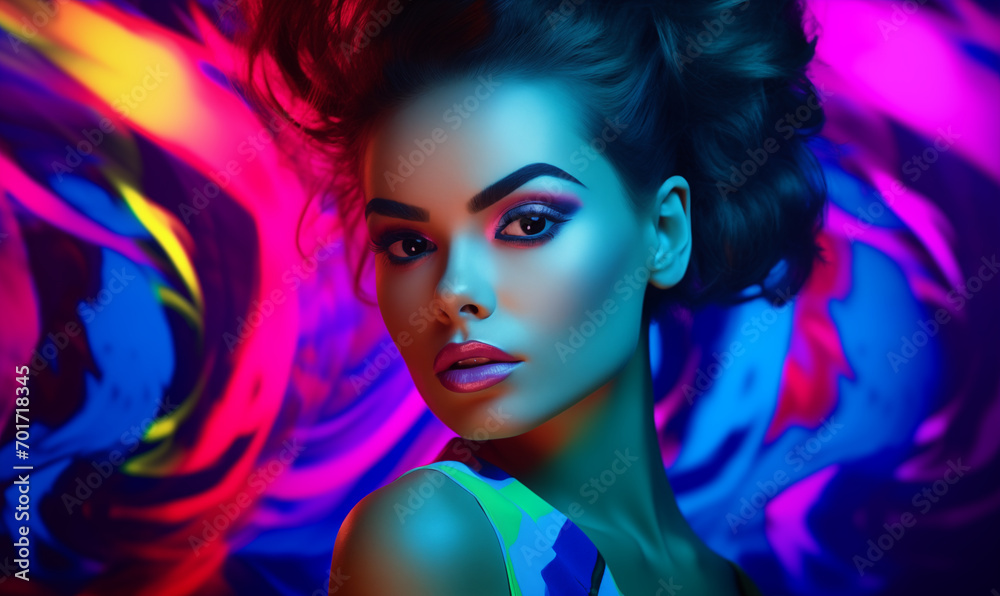 Portrait of beautiful woman in colorful neon lights