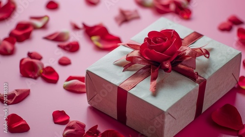 Valentine's day celebration with wedding gift box on magical pink background. Romantic and festive atmosphere