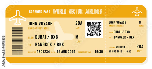 Boarding pass. Modern airline ticket for a Dubai Bangkok flight. PNG graphic on transparent background. photo