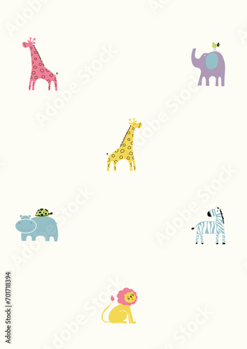 animal set, zebra, giraffe, elephant, hippo, wallpaper nursery