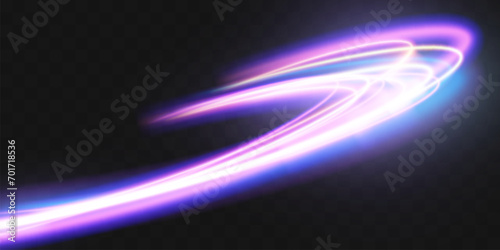Light trails violet and blue line.Abstract background speed effect motion blur night lights. semicircular wave, light trail curve swirl. 