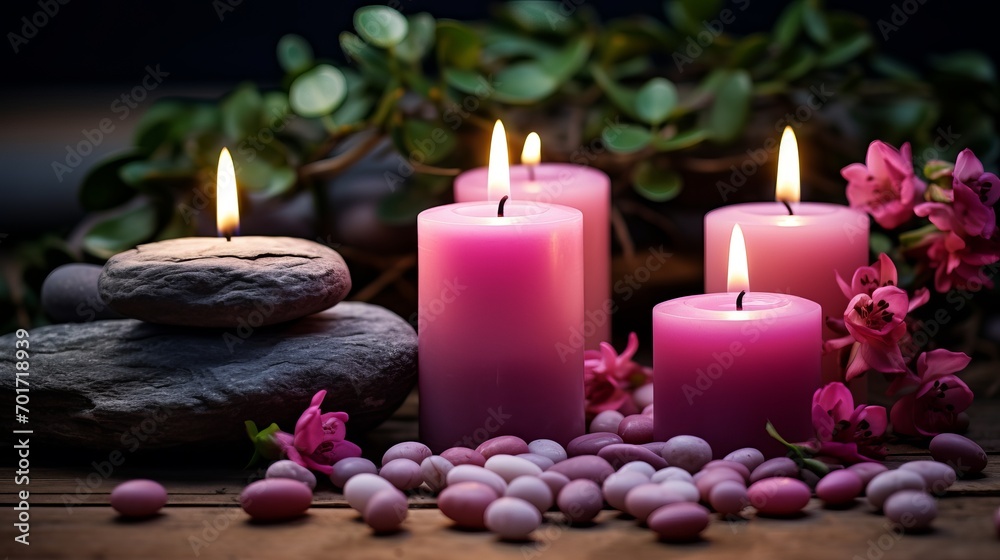 A combination of moss pebbles and pink candles. A combination of moss pebbles and pink candles.