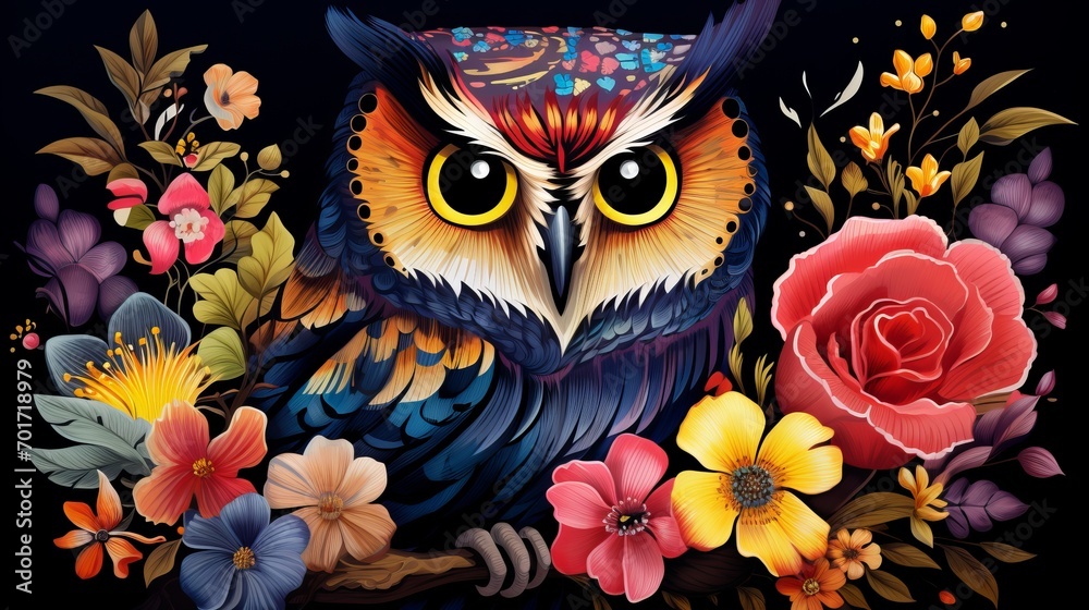 A colorful flower with an owl bird A colorful flower with an owl bird