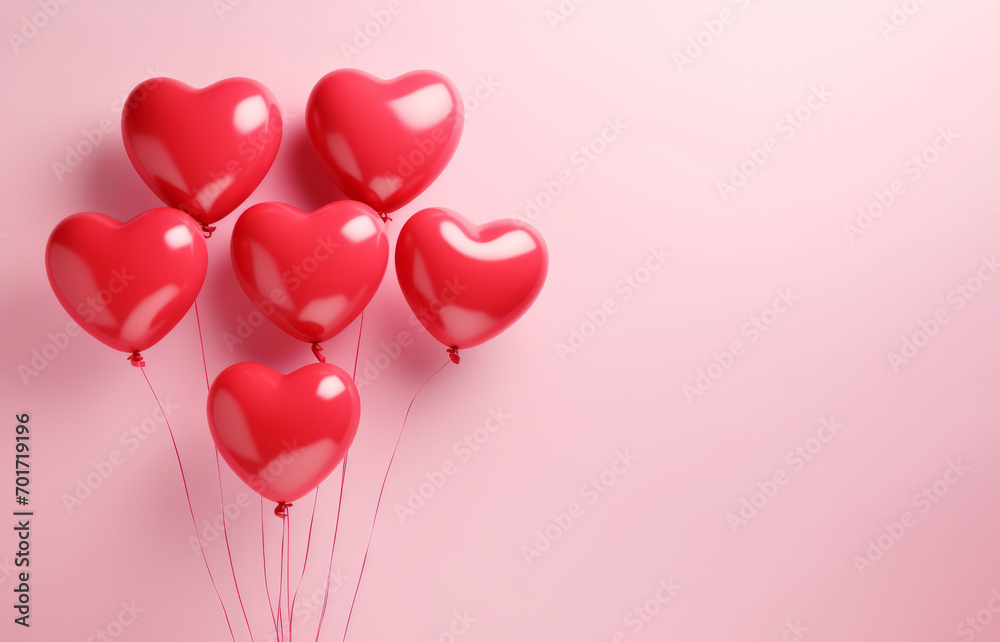 Minimal style composition made of red heart shaped balloons on a pink backround with the copy space. Valentine's day concept