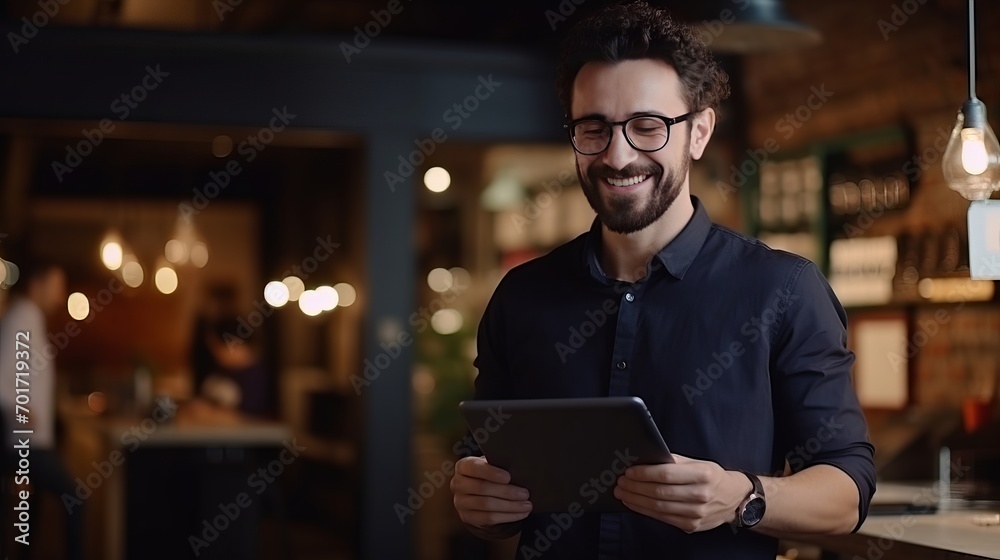 A man smiling and staring at a tablet is in a medium shot.