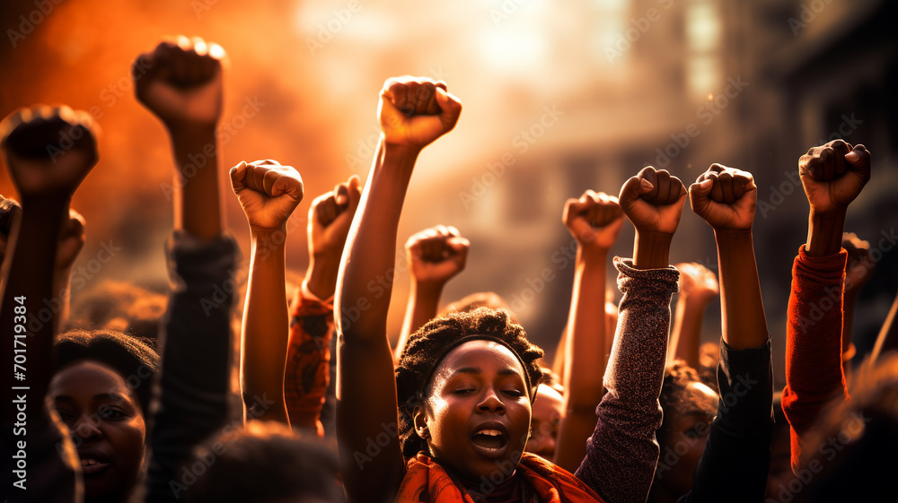 Arms raised in protest. Group of black women protestors fists raised up in the air bright background - obrazy, fototapety, plakaty 