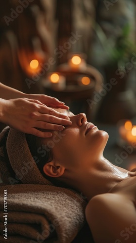 Wallpaper Mural A woman enjoys a head massage in a relaxing spa environment. Relaxation and rejuvenation in a peaceful environment Torontodigital.ca