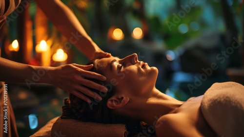 A woman enjoys a head massage in a relaxing spa environment. Relaxation and rejuvenation in a peaceful environment © ColdFire