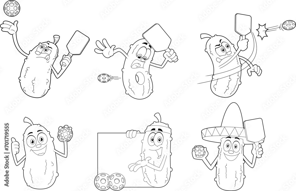 Outlined Pickle Cartoon Characters Pickleball Ball Players. Vector Hand Drawn Collection Set Isolated On Transparent Background