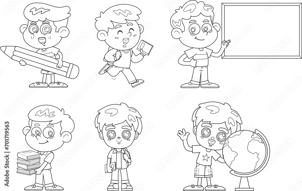 Outlined School Boys Cartoon Characters. Vector Hand Drawn Collection Set Isolated On Transparent Background