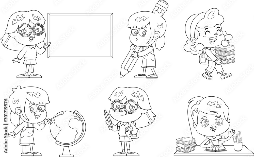 Outlined School Girls Cartoon Characters. Vector Hand Drawn Collection Set Isolated On Transparent Background