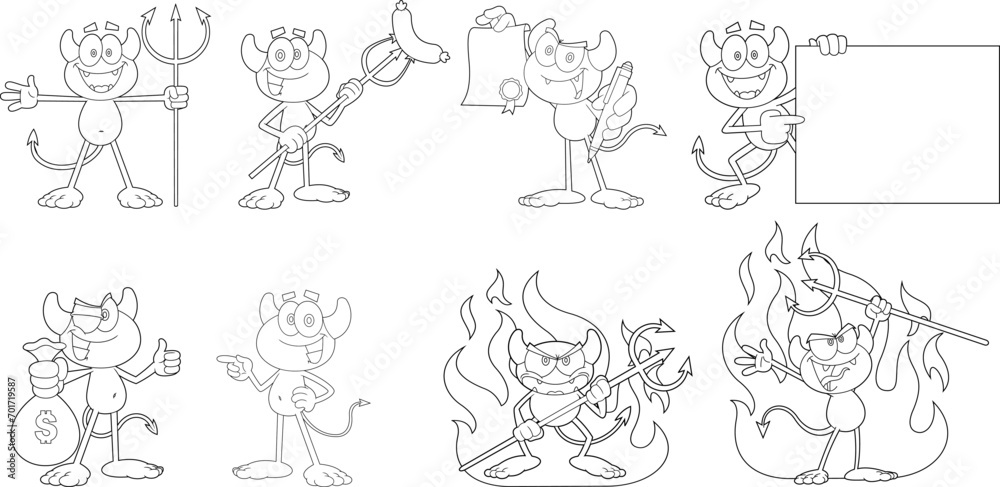 Outlined Little Devil Cartoon Character. Vector Hand Drawn Collection Set Isolated On Transparent Background