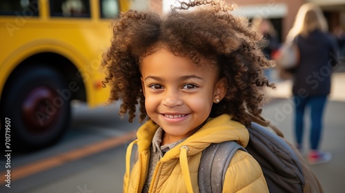 Smiling elementary school girl going to school photo