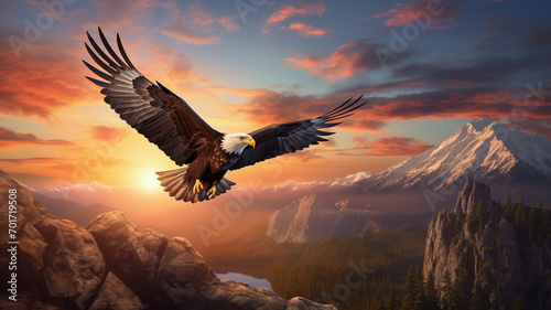 Beautiful eagle is flying in the sky at sunset background. photo