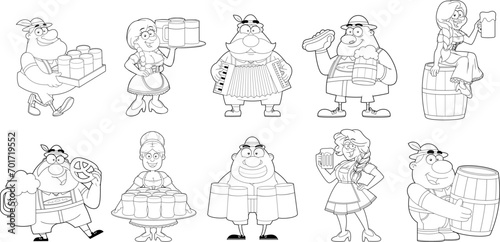 Outlined Oktoberfest People Cartoon Characters. Vector Hand Drawn Collection Set Isolated On Transparent Background