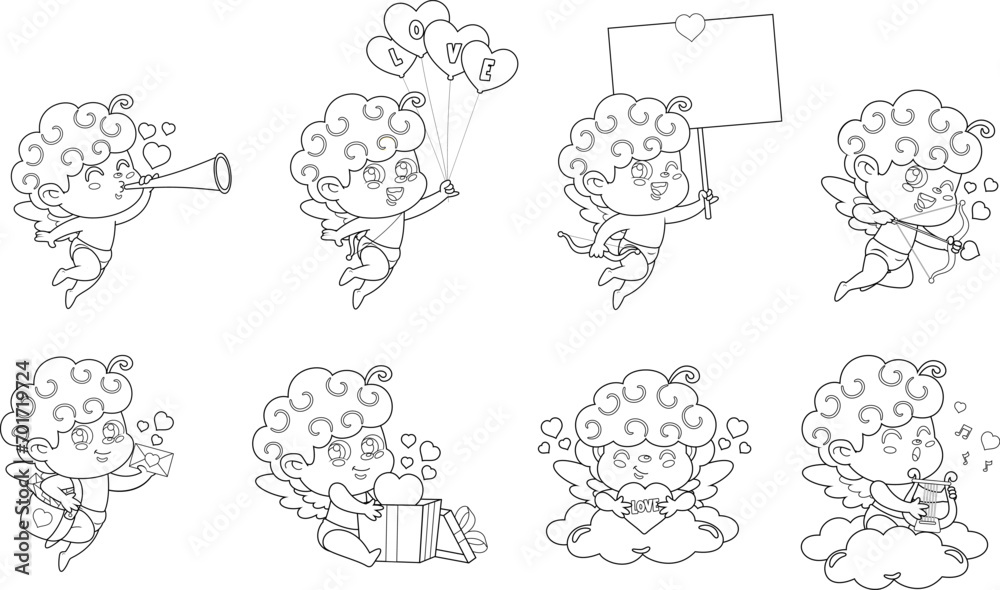 Outlined Cute Cupid Angel Cartoon Character. Vector Hand Drawn Collection Set Isolated On Transparent Background