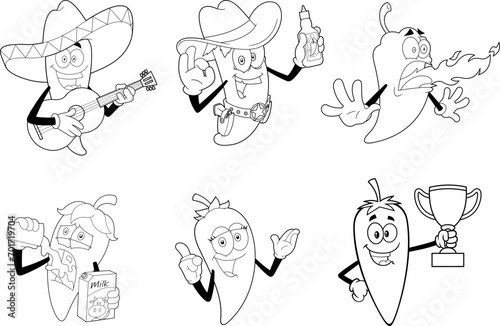 Outlined Funny Hot Chili Pepper Cartoon Characters. Vector Hand Drawn Collection Set Isolated On Transparent Background