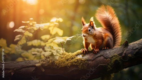 squirrel sitting on a tree branch in the forest at sunright © Yuwarin