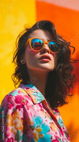 A woman stands on a bright and colorful background in stylish sunglasses