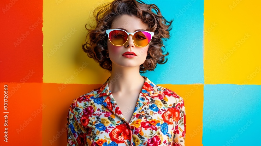 A woman stands on a bright and colorful background in stylish sunglasses A woman stands on a bright and colorful background in stylish sunglasses
