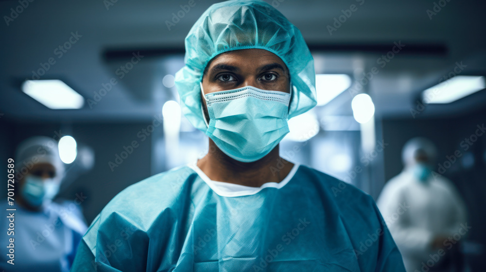 Focused surgeon wearing a surgical mask standing in an operating room Focused surgeon wearing a surgical mask standing in an operating room
