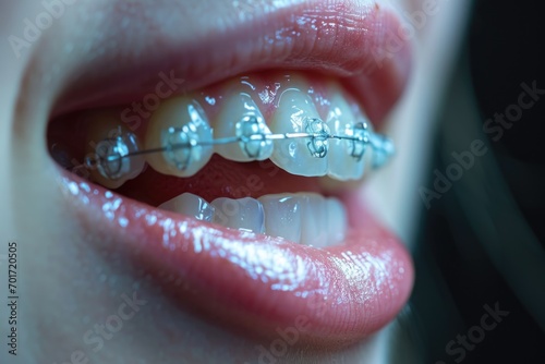 A close-up photograph of a person's mouth with braces. This image can be used to depict orthodontic treatment or dental care