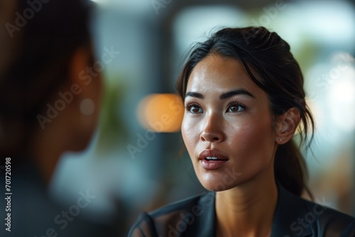 A focused businesswoman sharing ideas during a lively meeting in the office  professional business meeting image