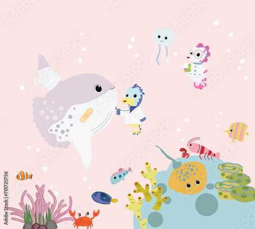 underwater school fish, use for nursery wallpaper or kids background, doctor fish © daydream