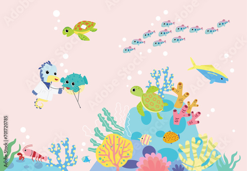 underwater school fish, use for nursery wallpaper or kids background, doctor fish