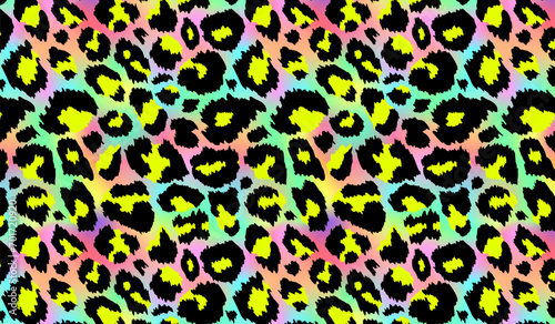 Trendy Neon Leopard pattern horizontal background. Vector rainbow wild animal leo skin, gradient cheetah texture with black yellow spots on holographic background for fashion print design, wallpapers.