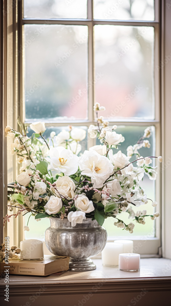 Floral arrangement with winter, autumn or early spring botanical plants and flowers