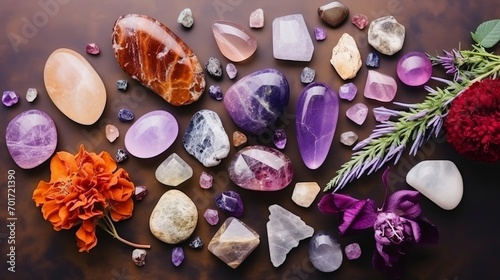 An assortment of crystals and flowers that have a high angle