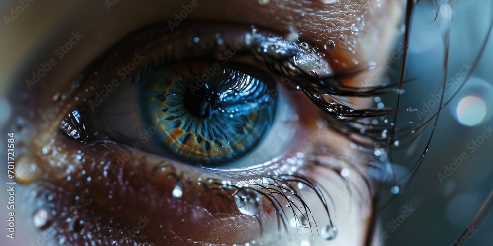 A close-up view of a person's eye with water droplets on it. This image can be used to depict emotions, freshness, or the concept of tears - obrazy, fototapety, plakaty 
