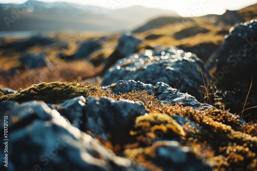 A close up shot of rocks and grass. This image can be used to depict nature, landscapes, or outdoor scenes photo