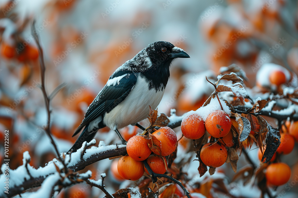 눈 내린 감나무 위에 앉아있는 까치 Stock Photo | Adobe Stock